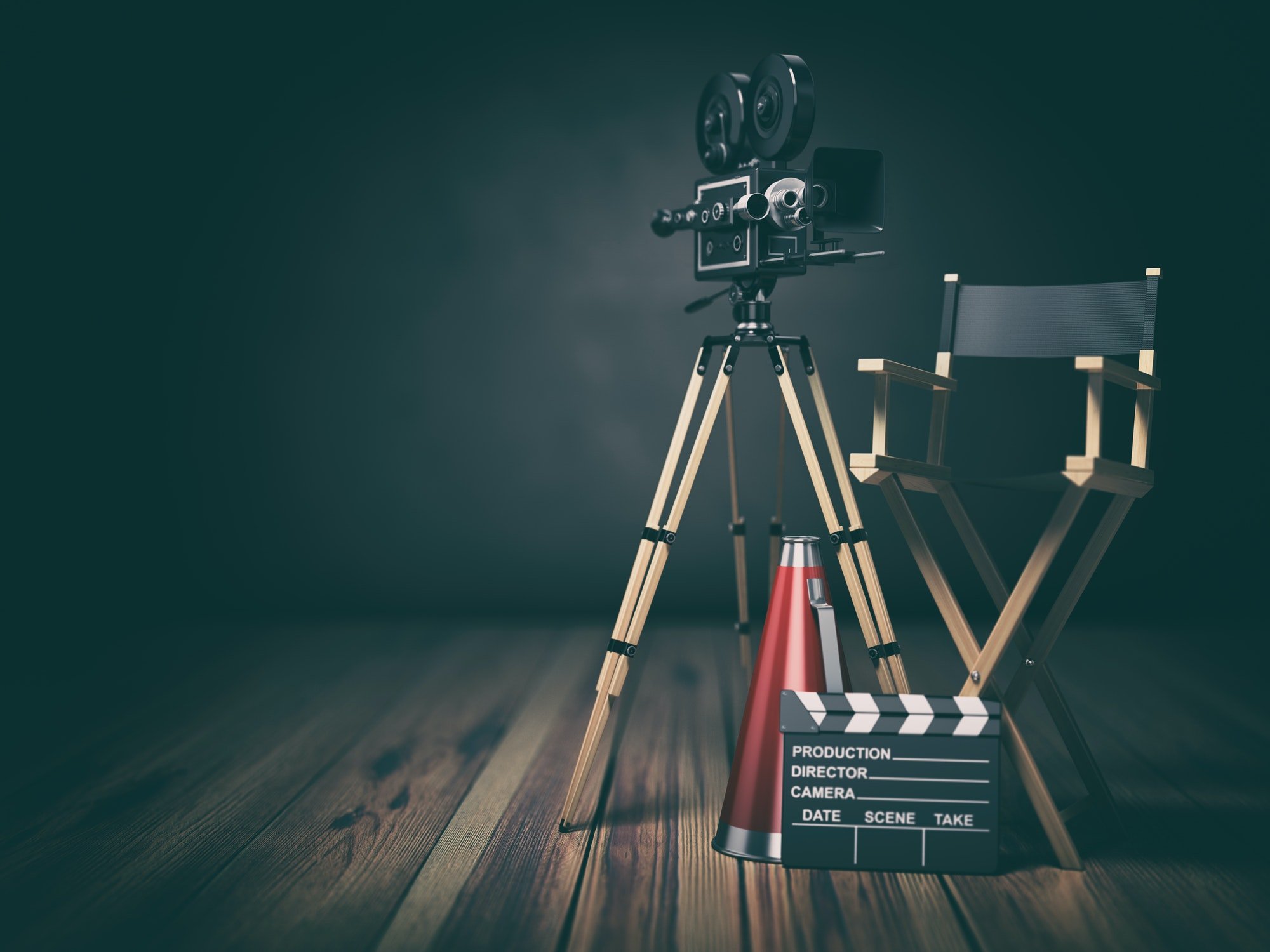 Video Movie Cinema Concept Retro Camera Clapperboard And Director Chair 3D